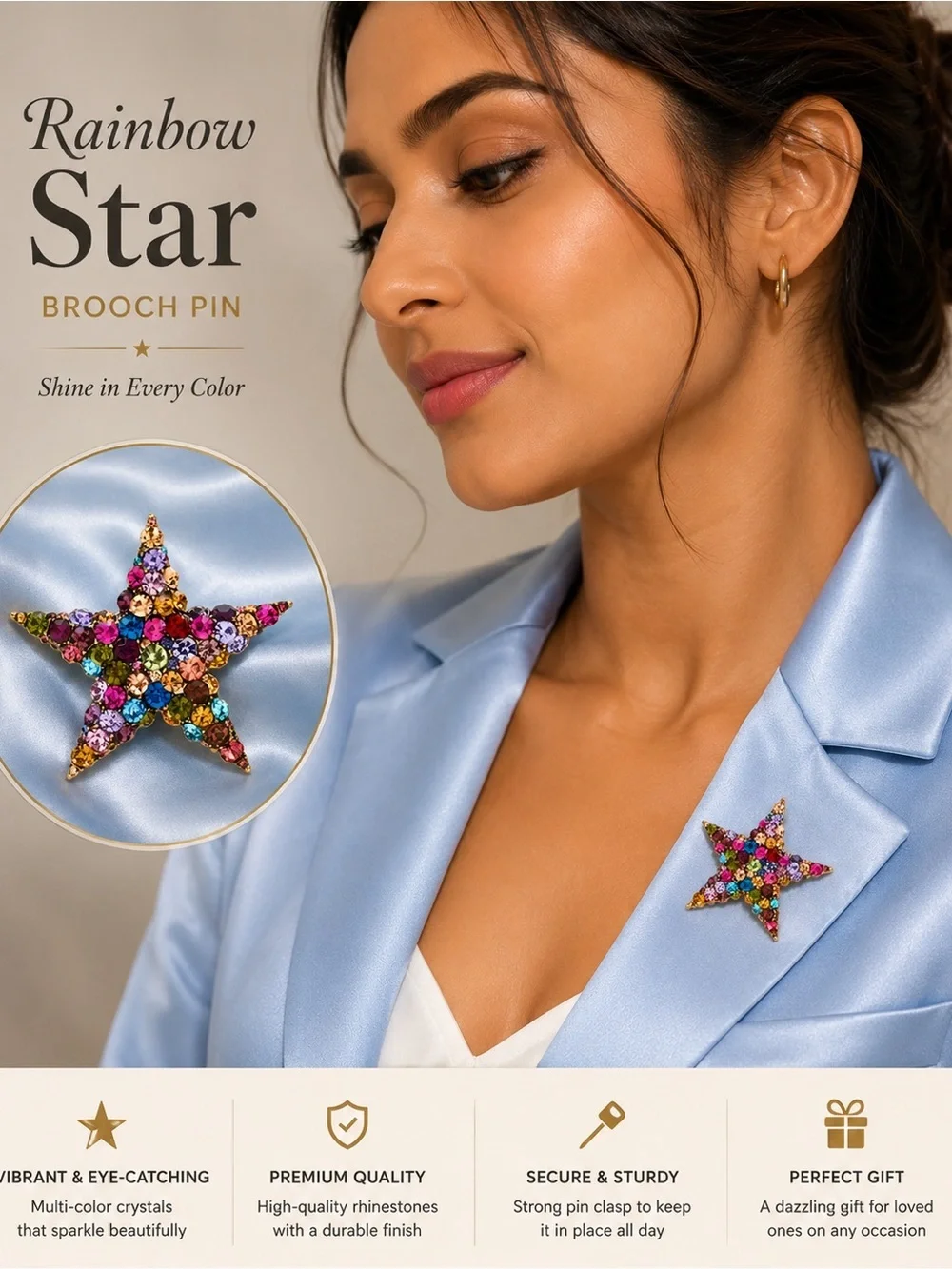 Vintage Star Glam Multicolor Crystal Brooch
